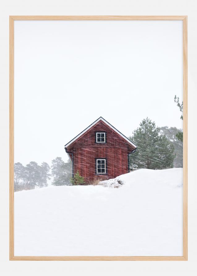 Old red house during snowstorm Poster