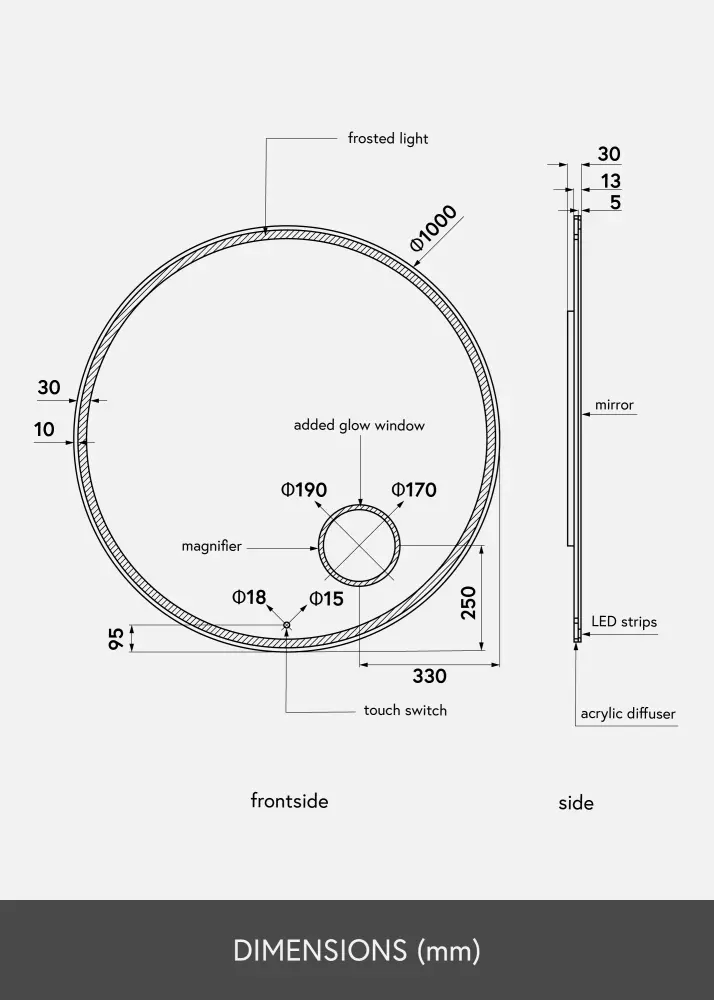 KAILA Miroir Circular Magnifying LED 100 cm Ø