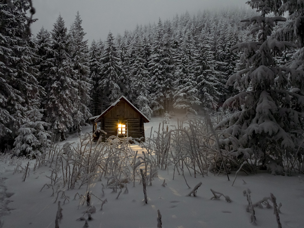 Chalet en plein hiver Poster