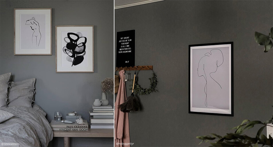 Posters graphiques clairs sur murs sombres