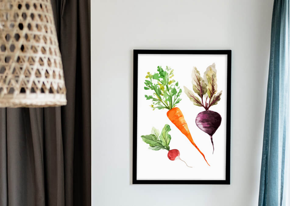 Tableau de cuisine avec légumes sur mur blanc - décoration de cuisine