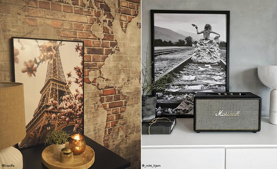 Tableau de la tour Eiffel sur tapisserie briques - tableau en noir et blanc et haut-parleur