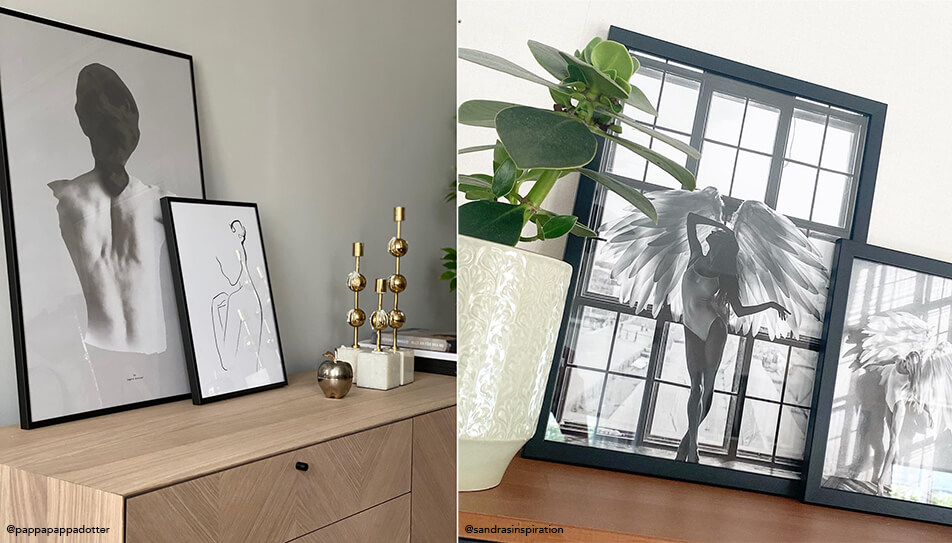 Tableaux en noir et blanc debout sur buffet