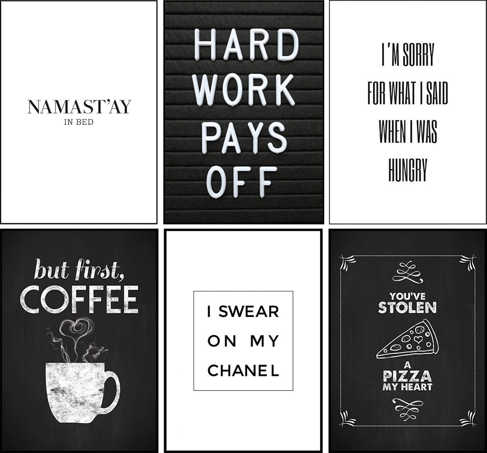 Posters en noir et blanc avec texte et citations